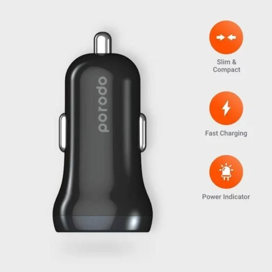 Porodo Dual Port Mini Car Charger 2.4A - Black